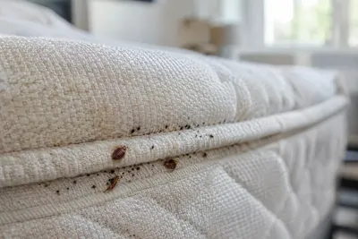 Bed bugs and dark spots along the seam of a mattress